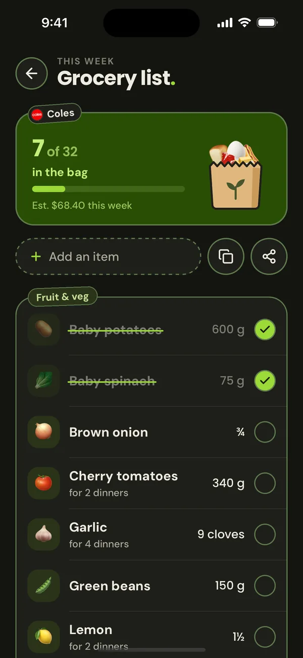 nomi's grocery list in dark mode.