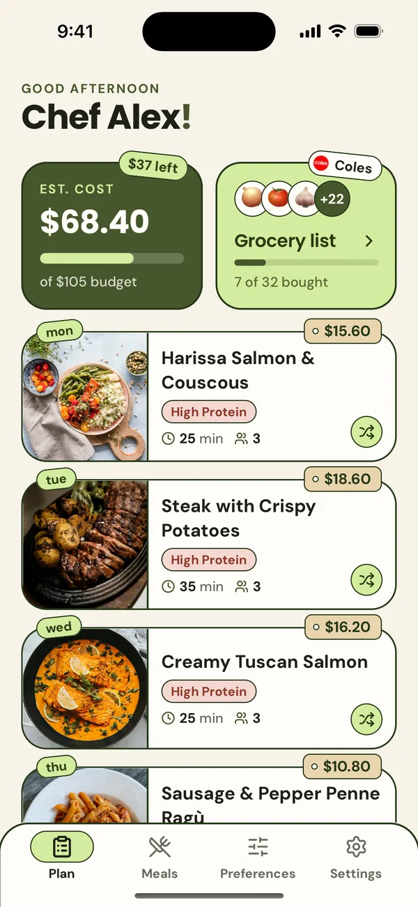nomi's Plan tab: an estimated $68.40 of a $105 budget, the grocery list, and a dinner for each night.