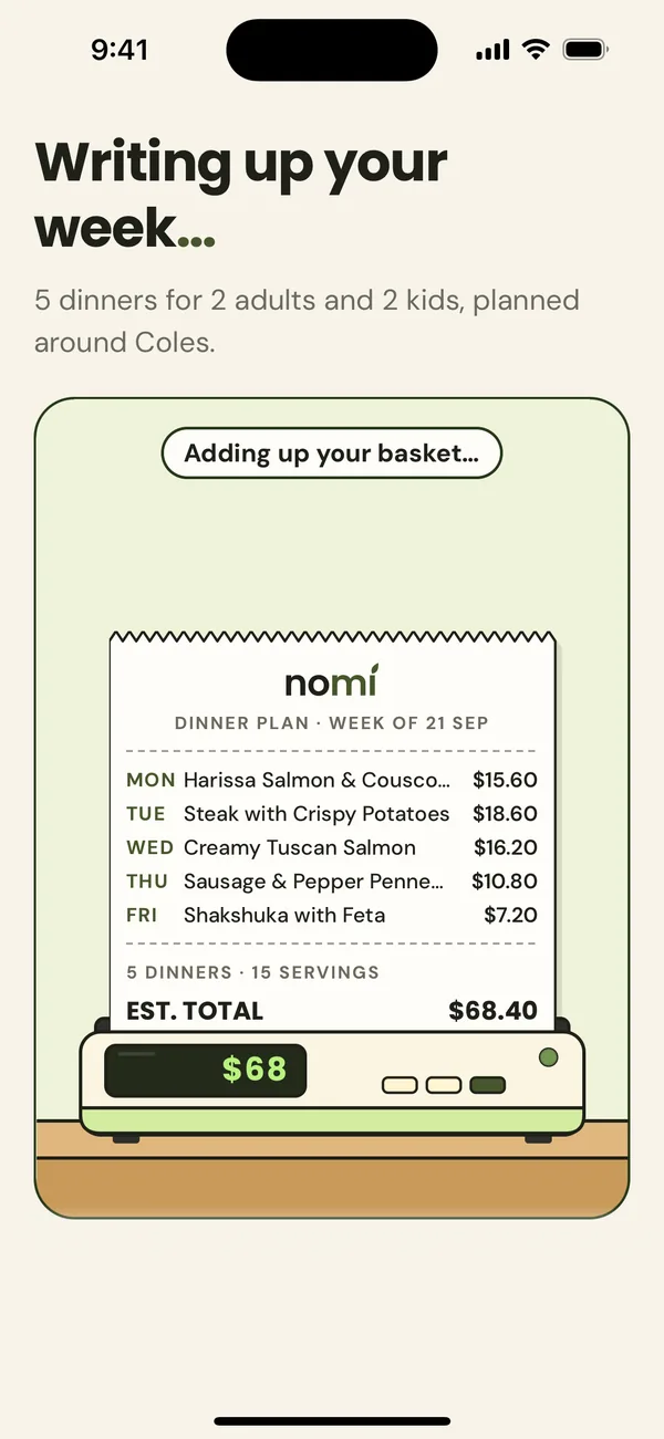 nomi printing the week's dinner plan as a receipt, with each night's dinner and an estimated total.